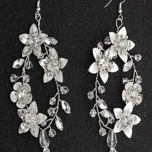 Rhinestone & Silvertone Floral Drop Earrings